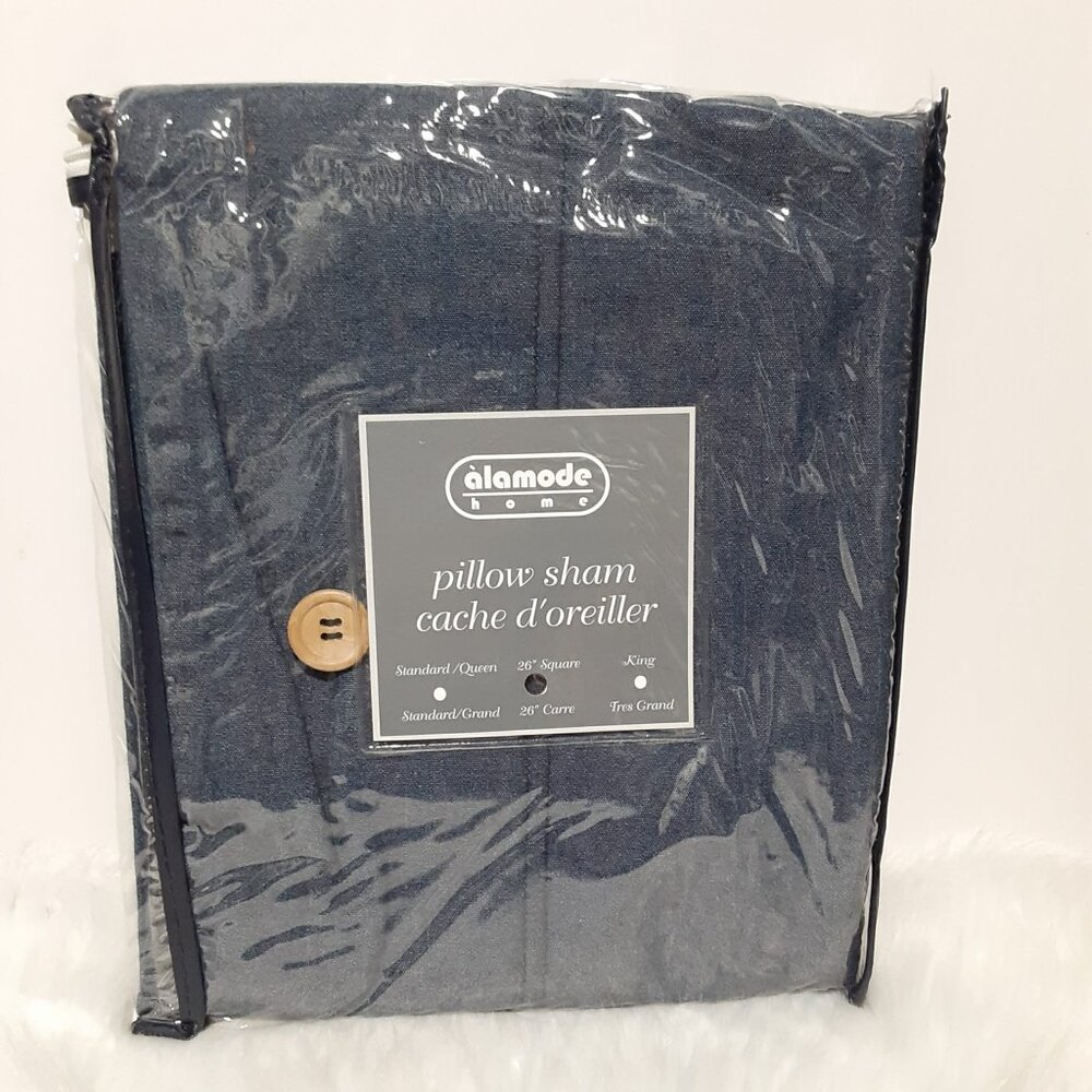 Denim Pillow Sham Case Cover w/ Wood Decorative Buttons Alamode Home 26" Square
